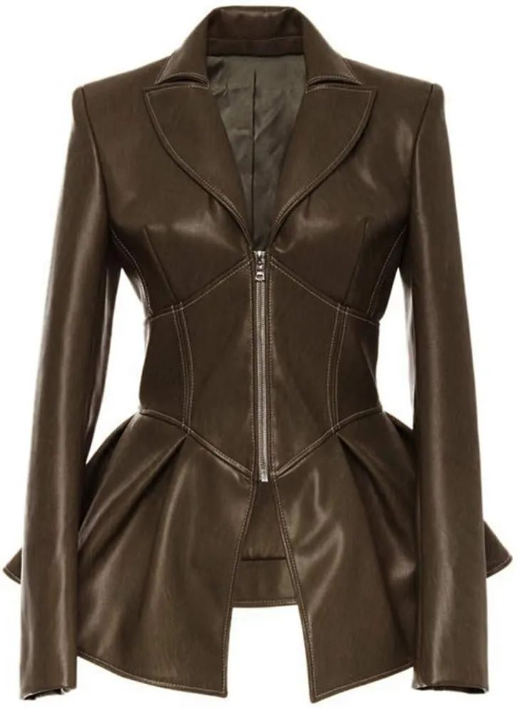 Women's Fashion Perfectly Shaping Zip Up Long Sleeves Faux Leather Biker Jacket