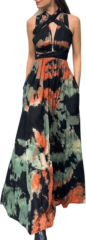 Women's Floral Long Maxi Dress Summer Spaghetti Strap Sleeveless Flowy Boho Wrap V Neck Beach Floor Length Dresses