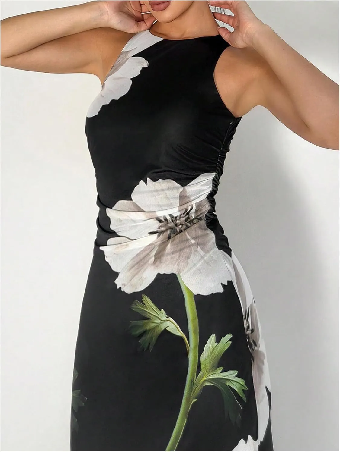 Women's Floral Print Crew Neck Tank Dress Sleeveless Bodycon Mesh Maxi Dresses