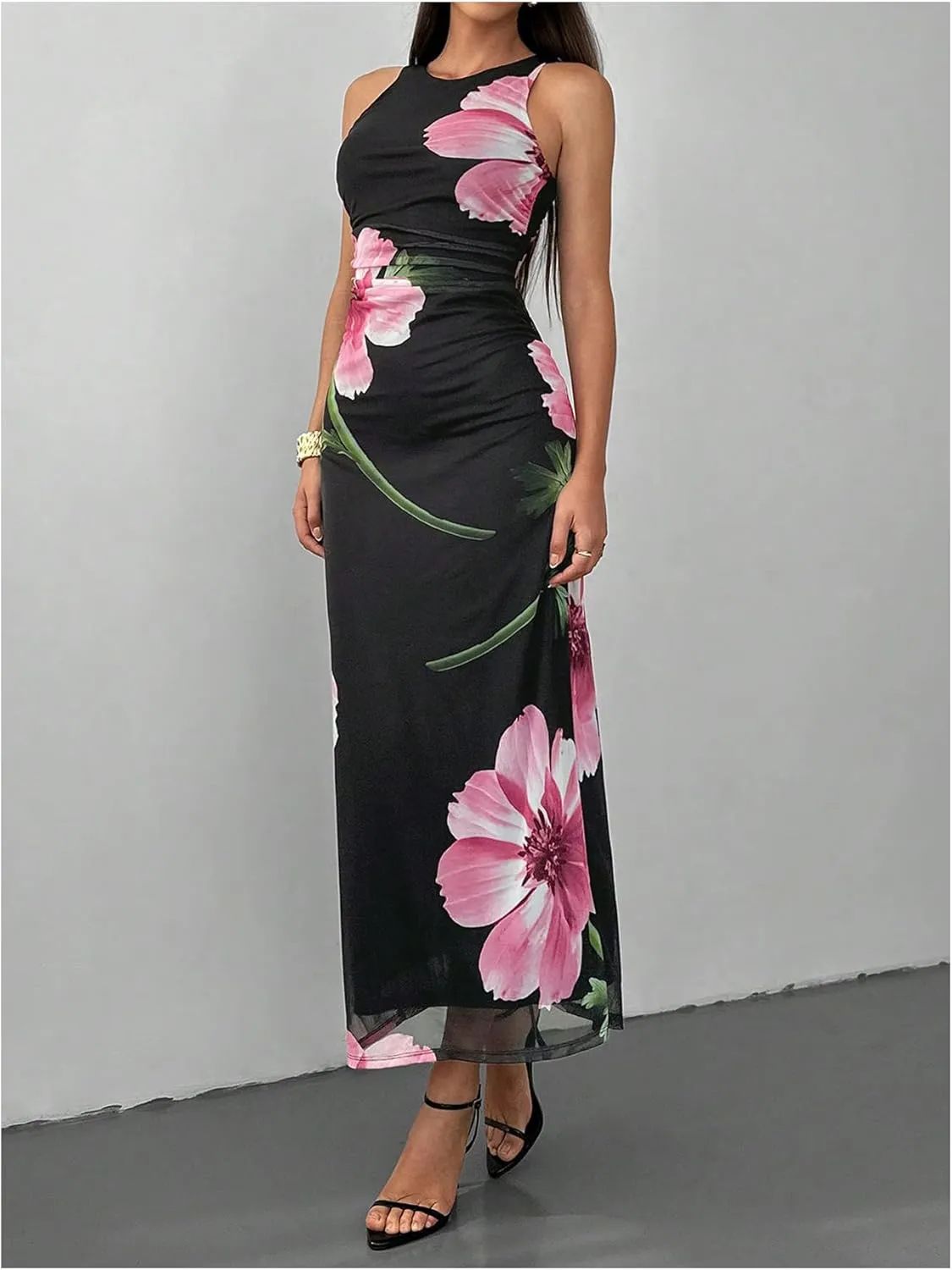 Women's Floral Print Crew Neck Tank Dress Sleeveless Bodycon Mesh Maxi Dresses