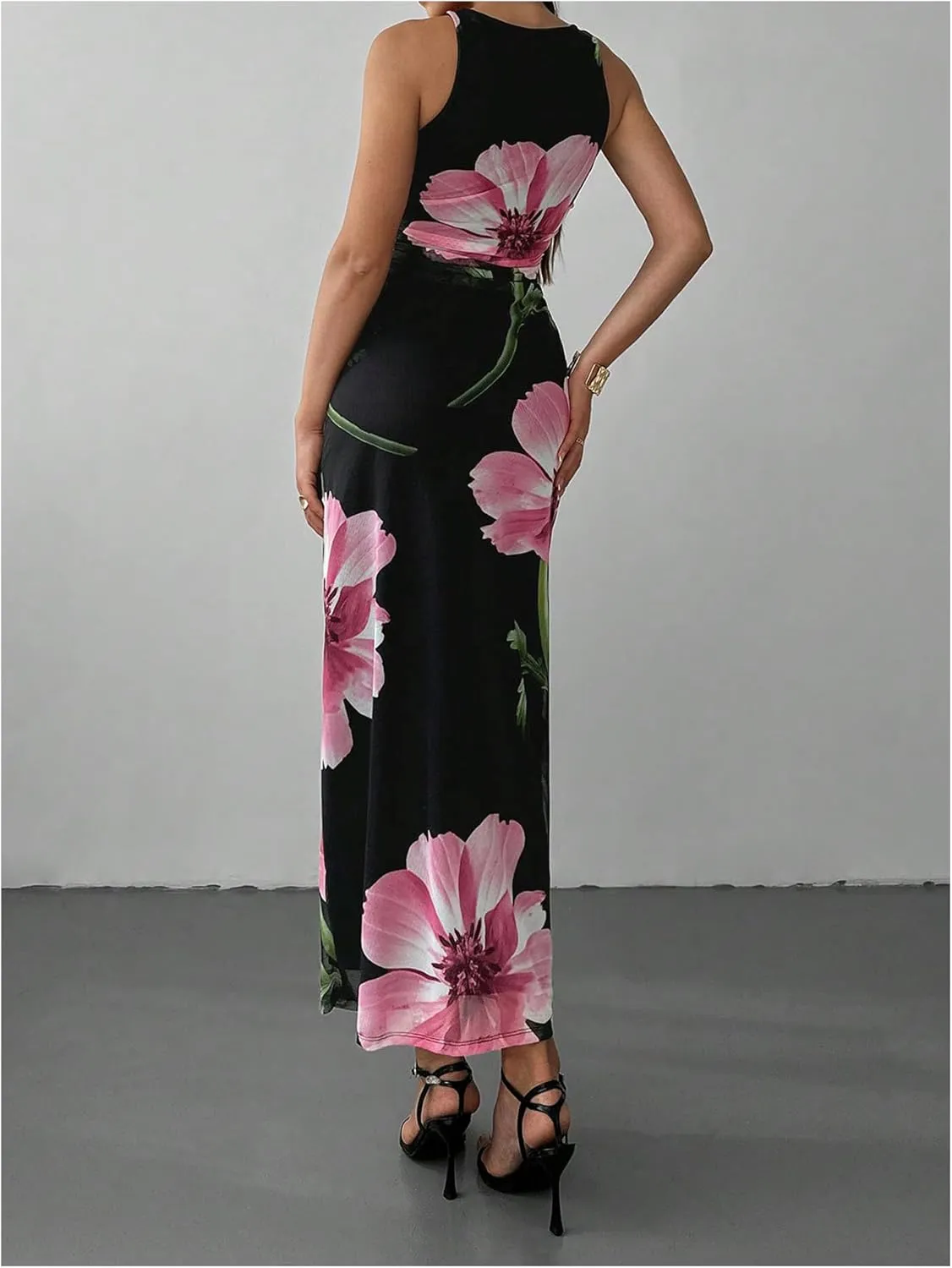 Women's Floral Print Crew Neck Tank Dress Sleeveless Bodycon Mesh Maxi Dresses
