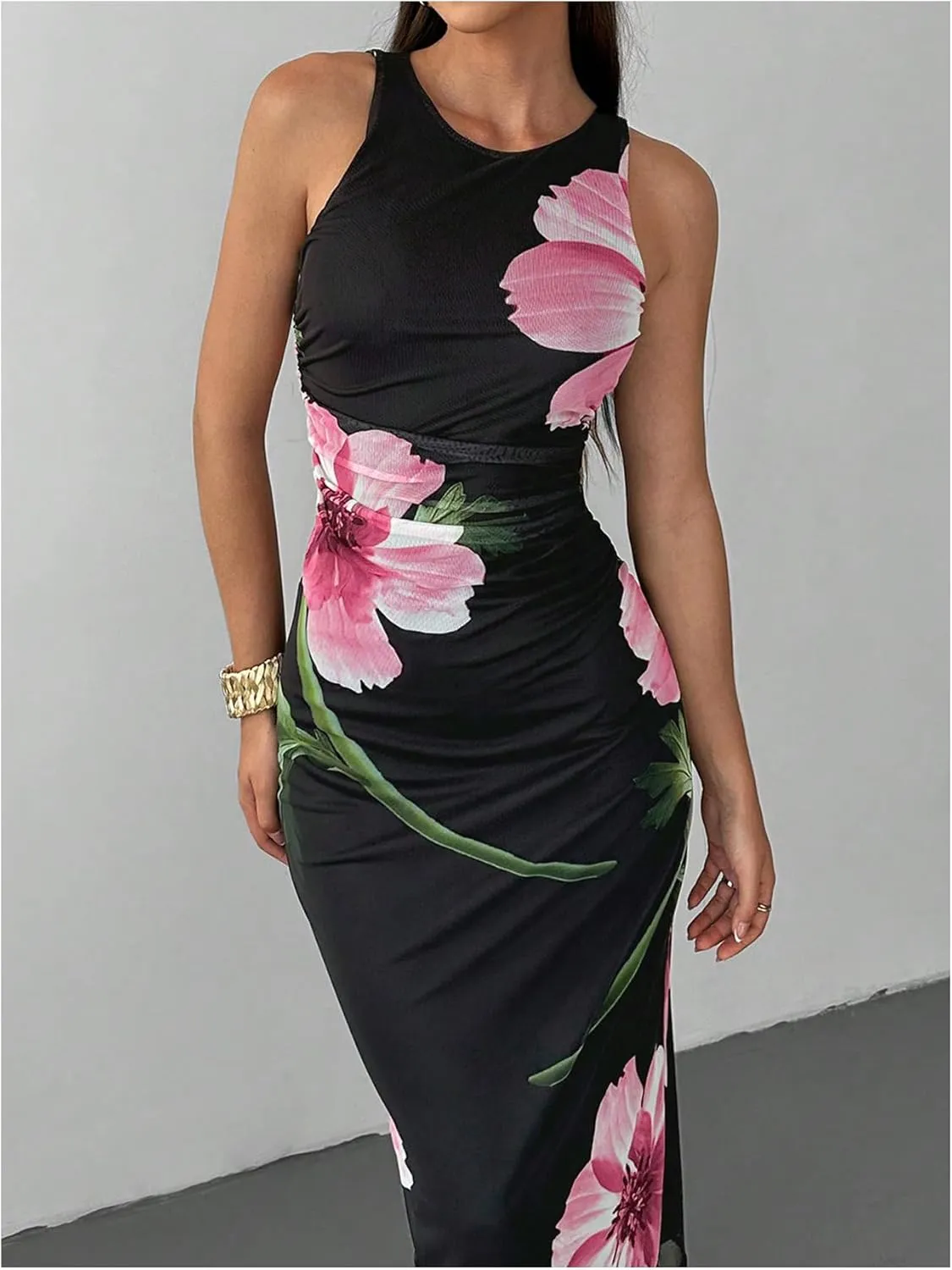 Women's Floral Print Crew Neck Tank Dress Sleeveless Bodycon Mesh Maxi Dresses