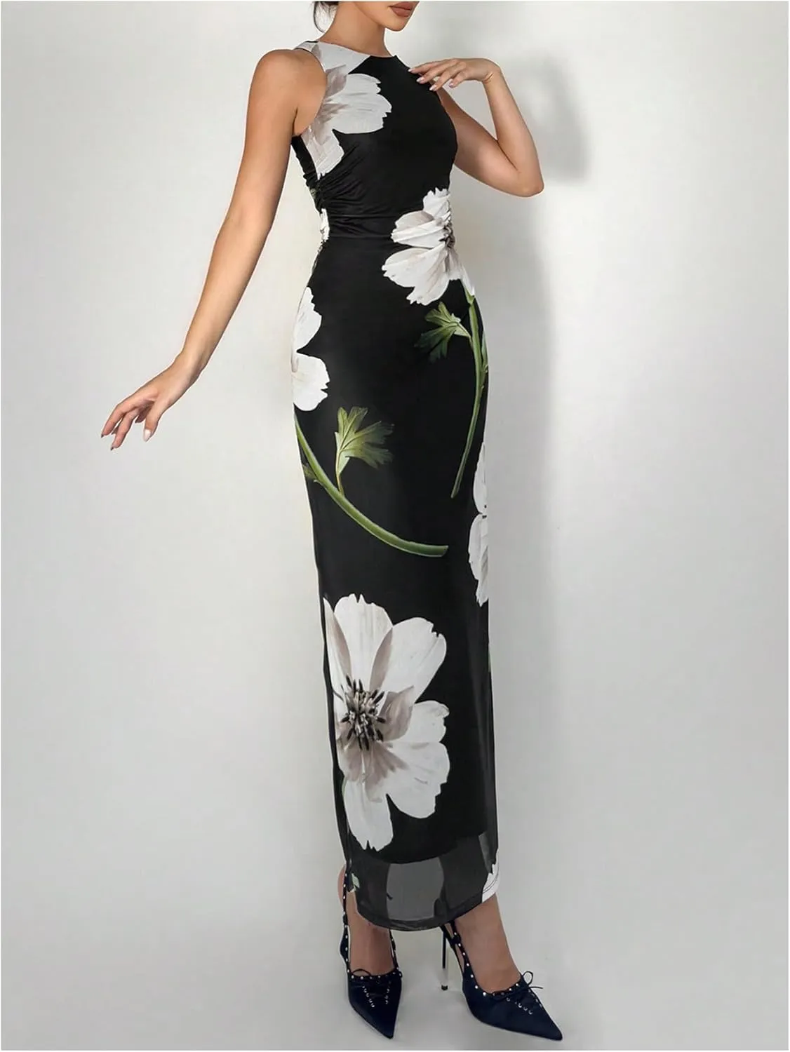 Women's Floral Print Crew Neck Tank Dress Sleeveless Bodycon Mesh Maxi Dresses