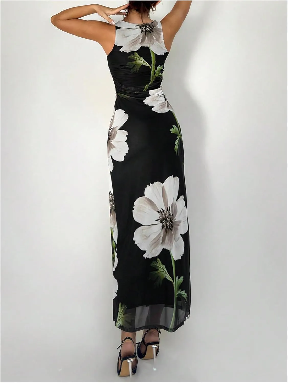 Women's Floral Print Crew Neck Tank Dress Sleeveless Bodycon Mesh Maxi Dresses