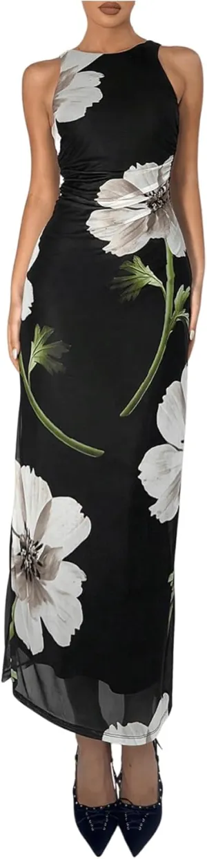 Women's Floral Print Crew Neck Tank Dress Sleeveless Bodycon Mesh Maxi Dresses