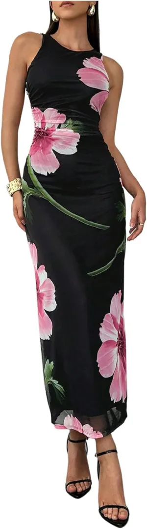 Women's Floral Print Crew Neck Tank Dress Sleeveless Bodycon Mesh Maxi Dresses
