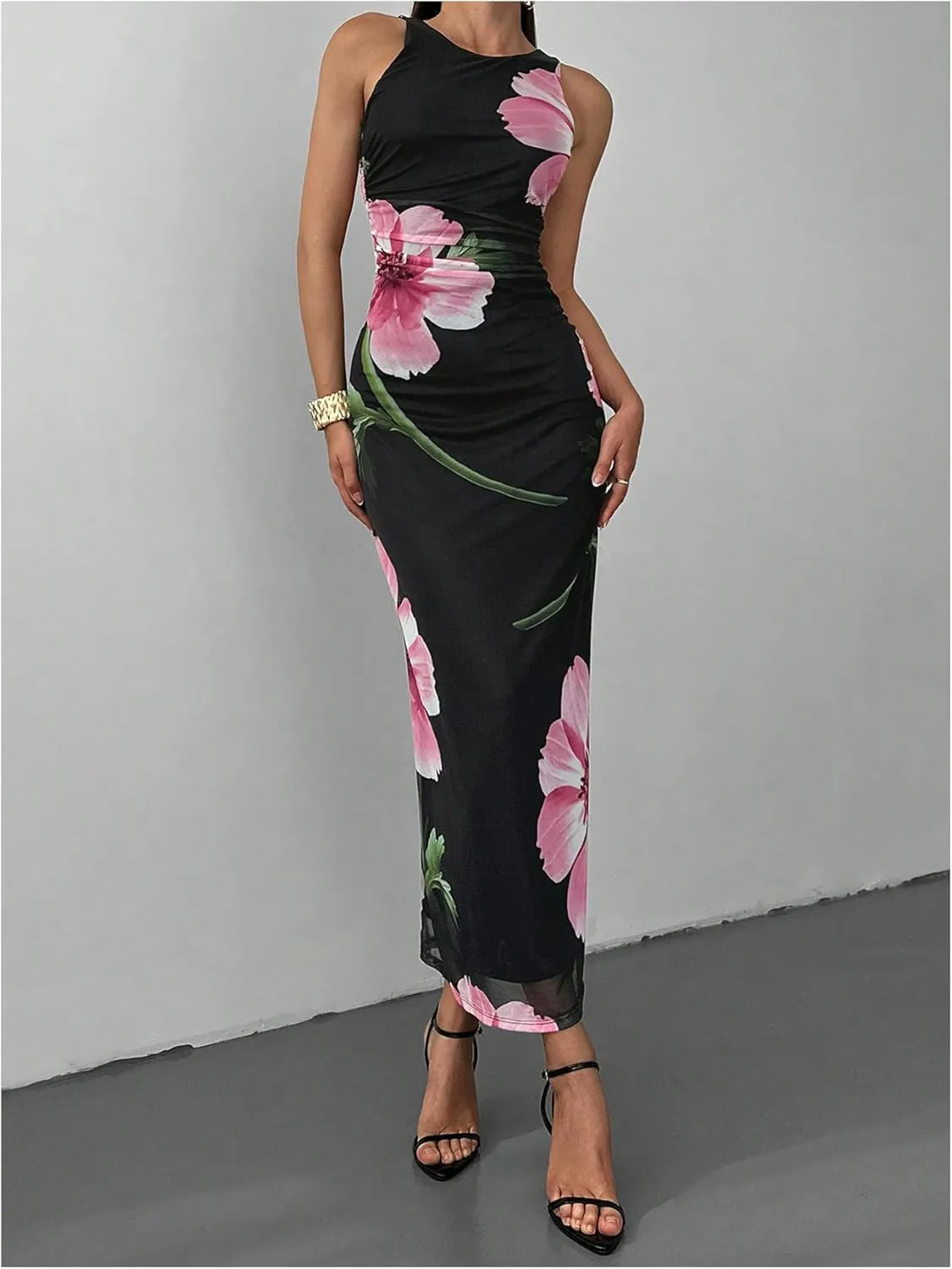 Women's Floral Print Crew Neck Tank Dress Sleeveless Bodycon Mesh Maxi Dresses