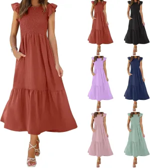 Womens Flutter Short Sleeve Smocked Midi Dress Casual Tiered Modest Floral Boho Maxi Dress Boho Sundress