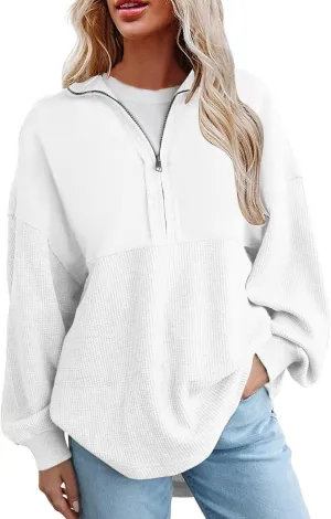 Womens Half Zip Up Sweatshirt Trendy Long Sleeve Oversized Pullover Tops Waffle Knit Hoodies Fall Outfits 2024