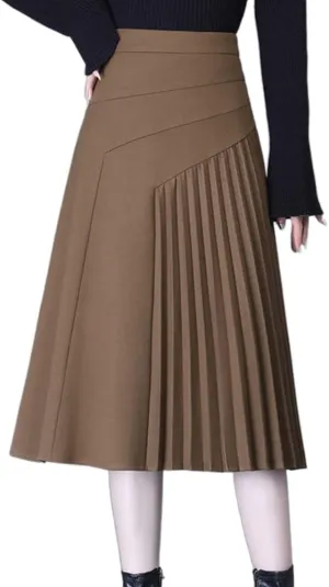 Womens High Waist Midi Long Pleated Skirt A Line Swing Skirt in Winter (XL,Brown,X-Large)