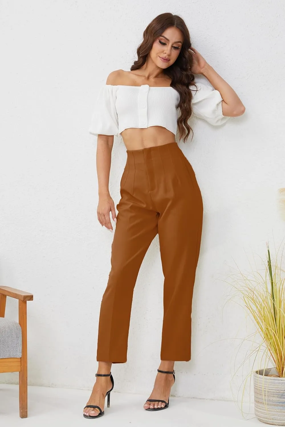 Women's High Waisted Business Trousers Straight Leg Pleated Office Slacks Pants