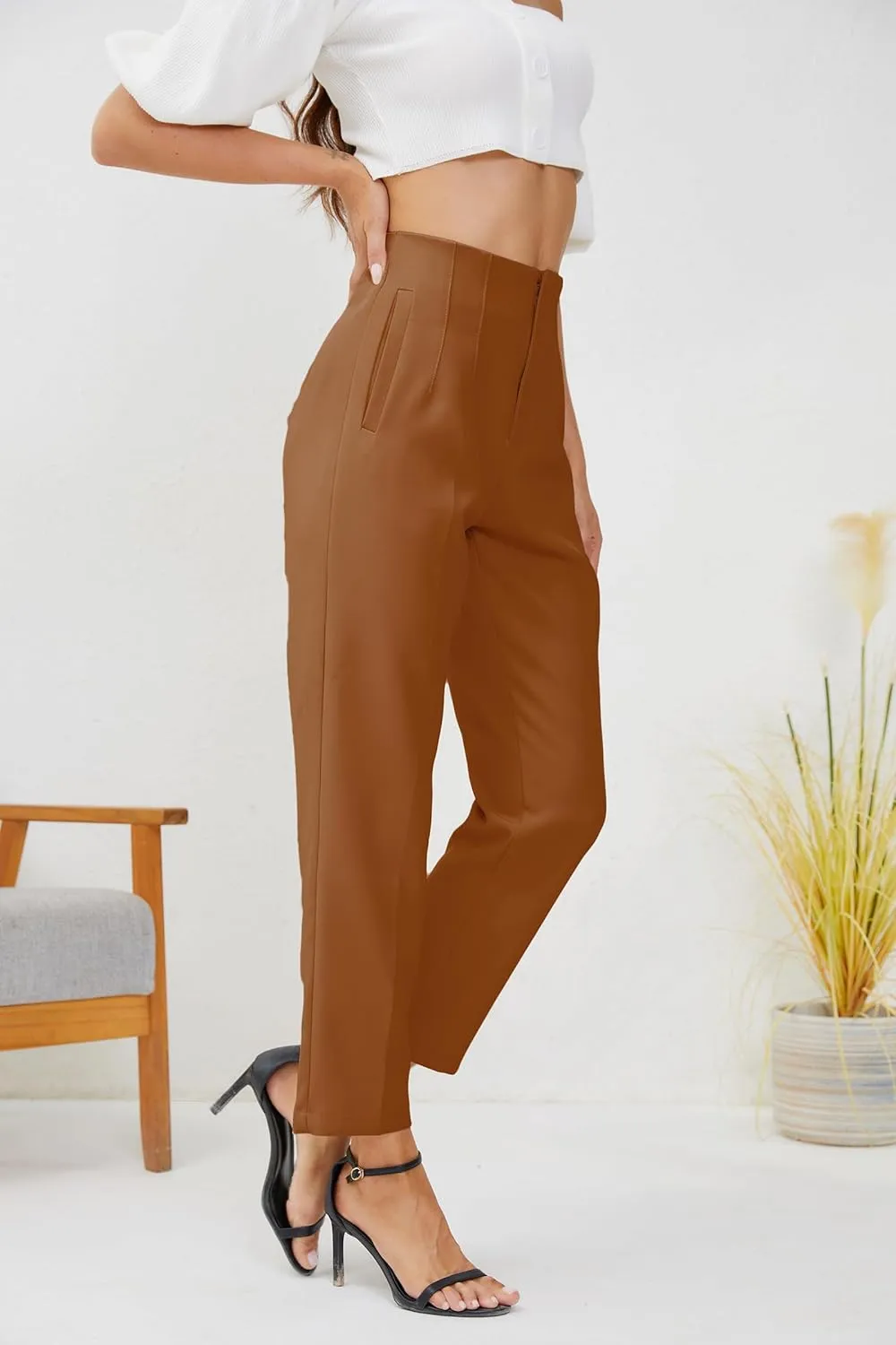 Women's High Waisted Business Trousers Straight Leg Pleated Office Slacks Pants