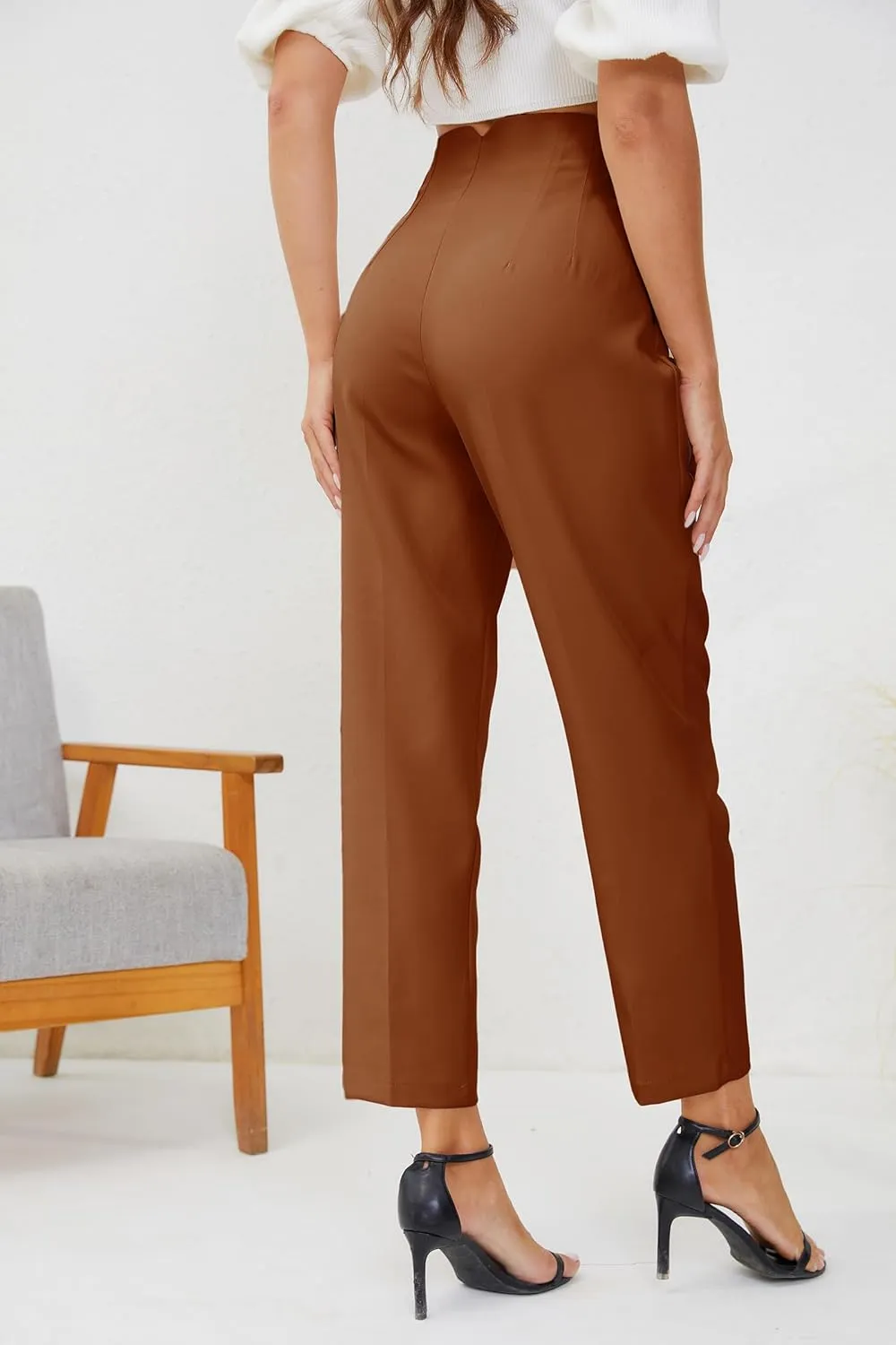 Women's High Waisted Business Trousers Straight Leg Pleated Office Slacks Pants