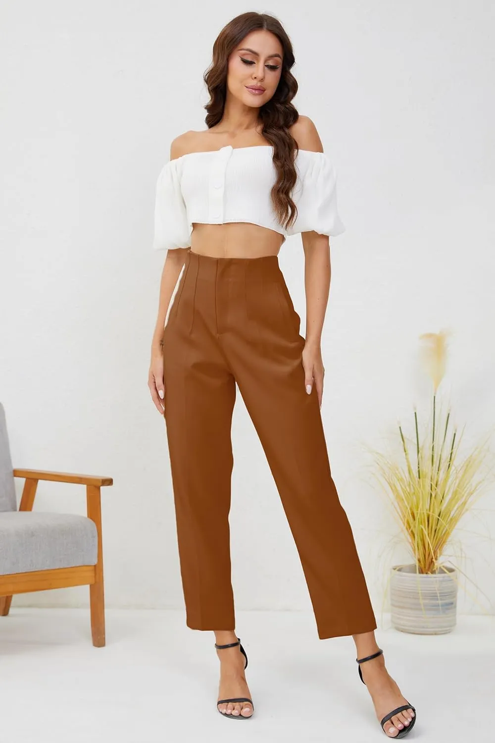 Women's High Waisted Business Trousers Straight Leg Pleated Office Slacks Pants