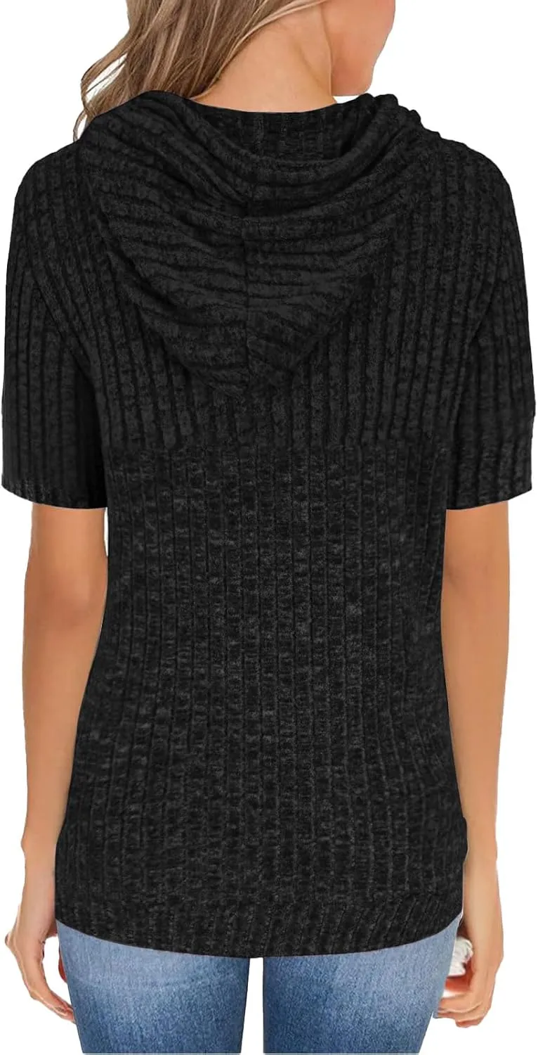 Womens Hoodie Short Sleeve Thin Pullover Sweatshirt Summer 2025 Fashion Dressy Kangaroo Pocket Tunics Tops