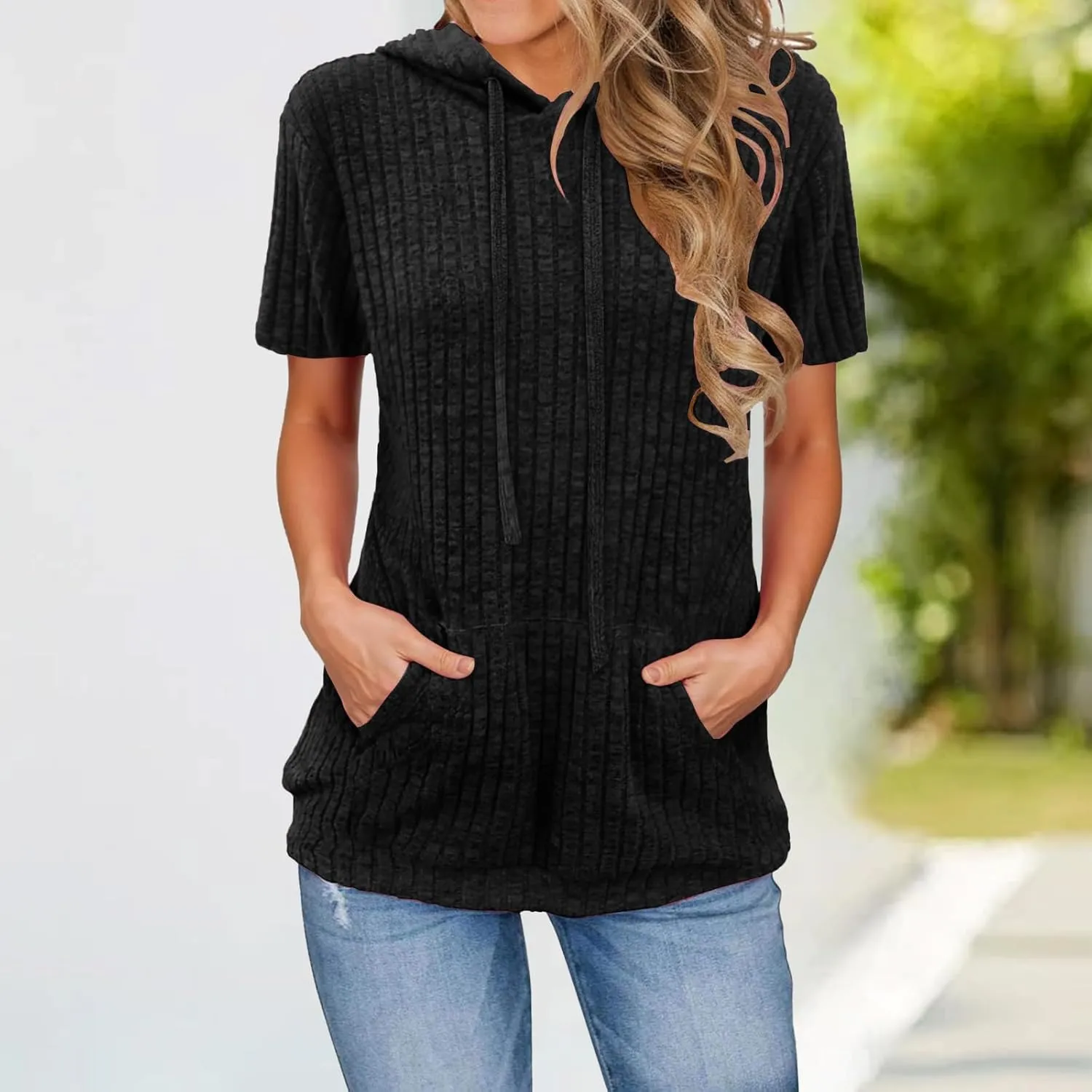 Womens Hoodie Short Sleeve Thin Pullover Sweatshirt Summer 2025 Fashion Dressy Kangaroo Pocket Tunics Tops