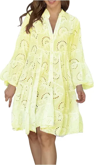 Women's Lace Eyelet Embroidery Maxi Dress V-Neck Long Puff Trumpet Sleeve Boho A Line Ruffle Flowy Swing Dress