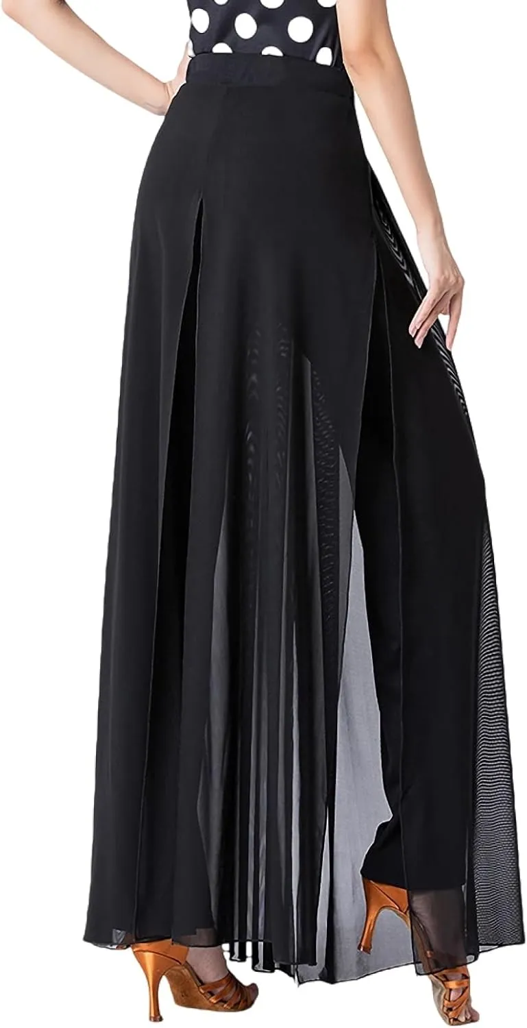 Women's Latin Dance Pants - Modern Practice Wear With Long Slit and Elastic Waist for Ballroom