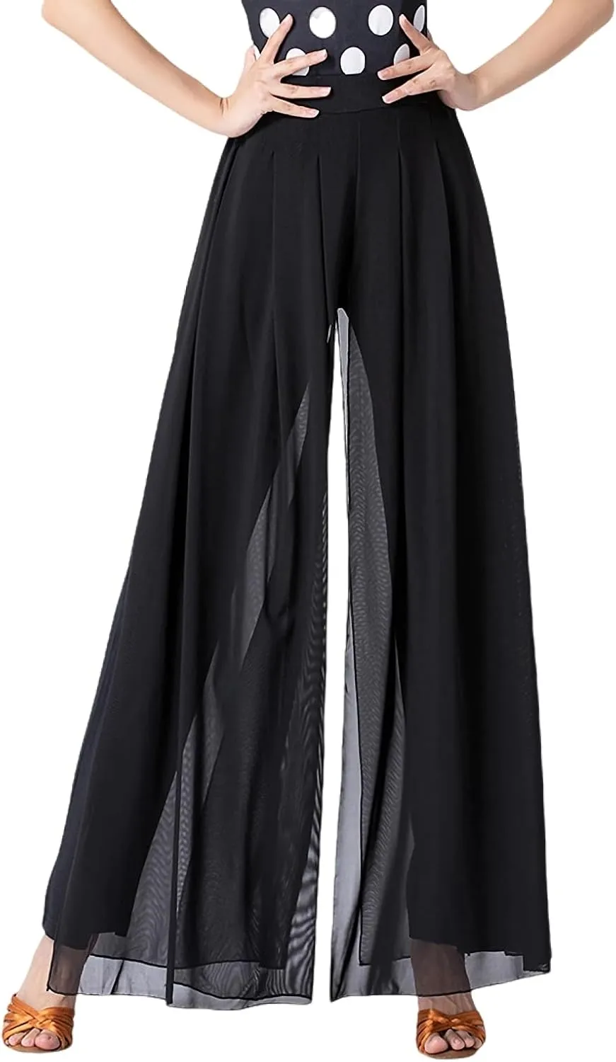Women's Latin Dance Pants - Modern Practice Wear With Long Slit and Elastic Waist for Ballroom