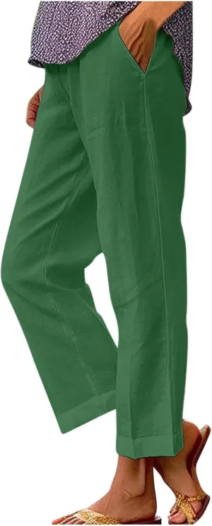 Women's Lightweight Summer Linen Pants Solid Elastic Waist Cotton Straight Pants Casual Lounge Beach Trousers