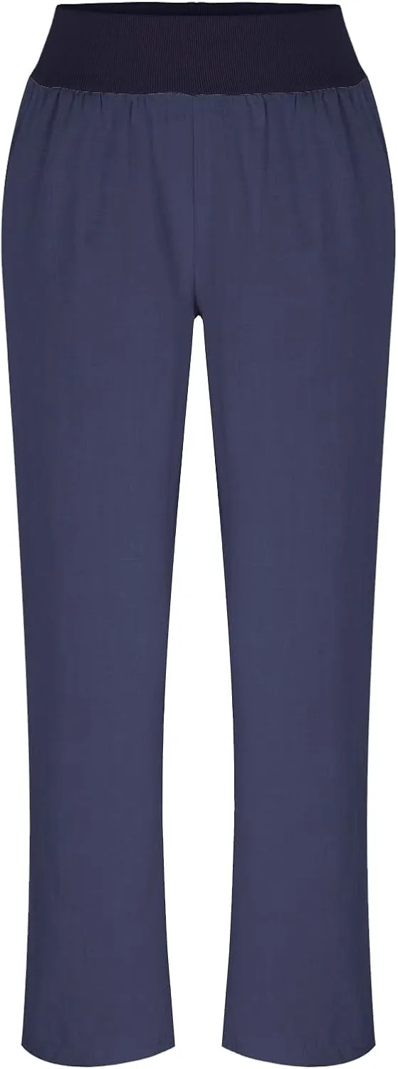 Womens Linen Pants Elastic High Waisted Wide Leg Palazzo Straight Leg Long Pants Summer Trousers with Pockets