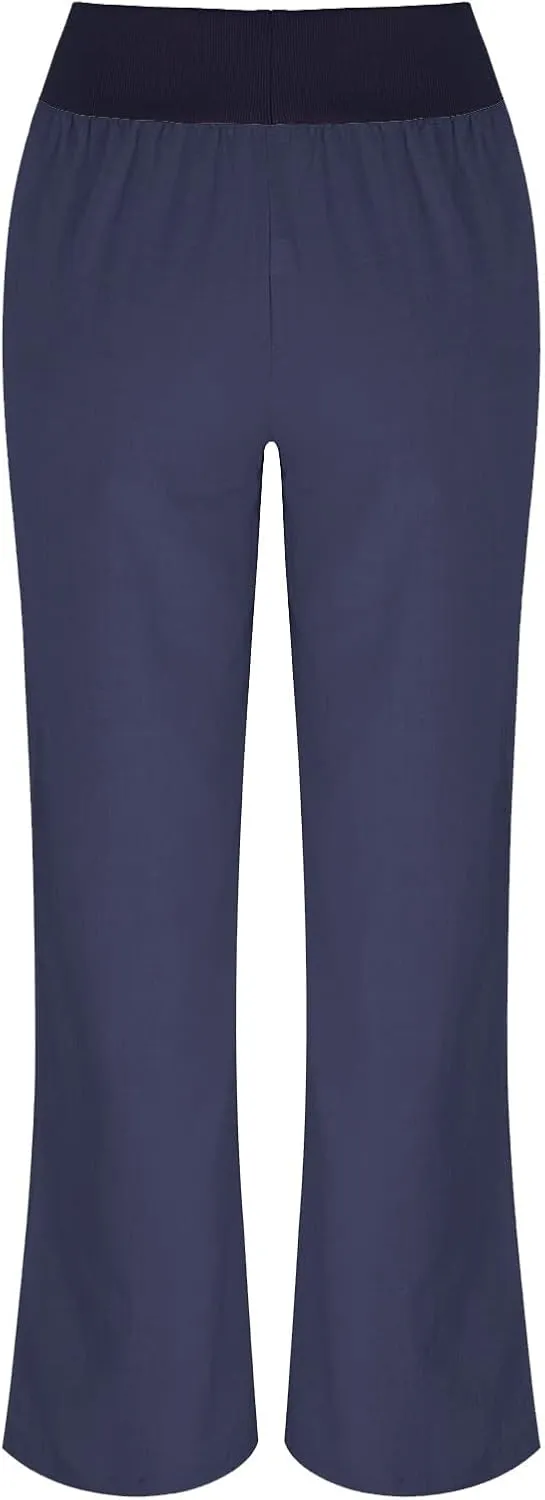 Womens Linen Pants Elastic High Waisted Wide Leg Palazzo Straight Leg Long Pants Summer Trousers with Pockets