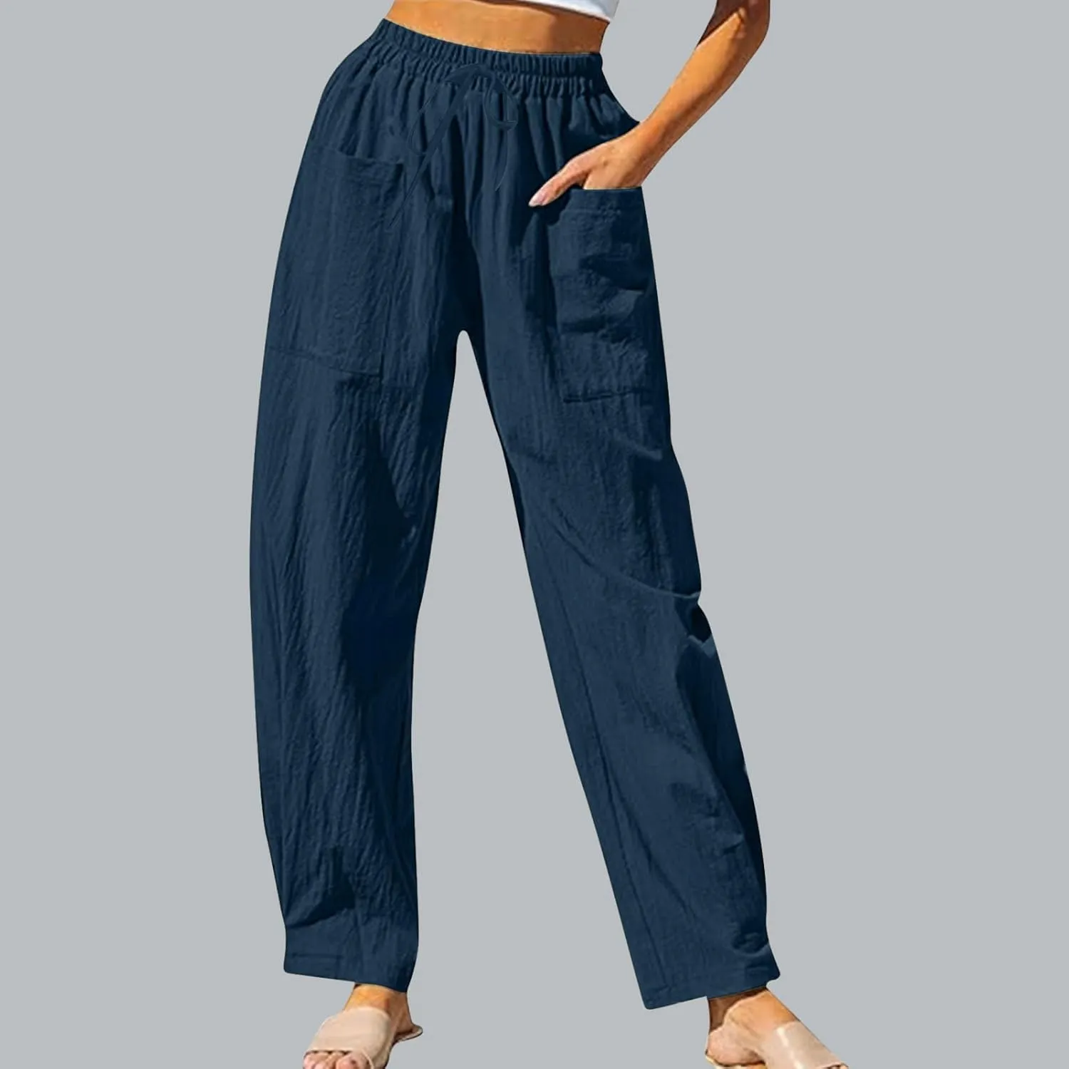 Women's Linen Pants Elastic Waist High Waisted Pants Comfy Straight Leg Trousers 2025 Trendy Summer Clothes