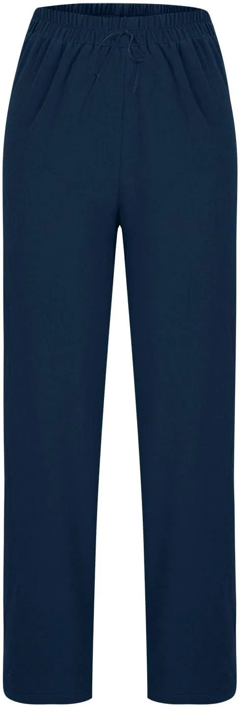 Women's Linen Pants Elastic Waist High Waisted Pants Comfy Straight Leg Trousers 2025 Trendy Summer Clothes