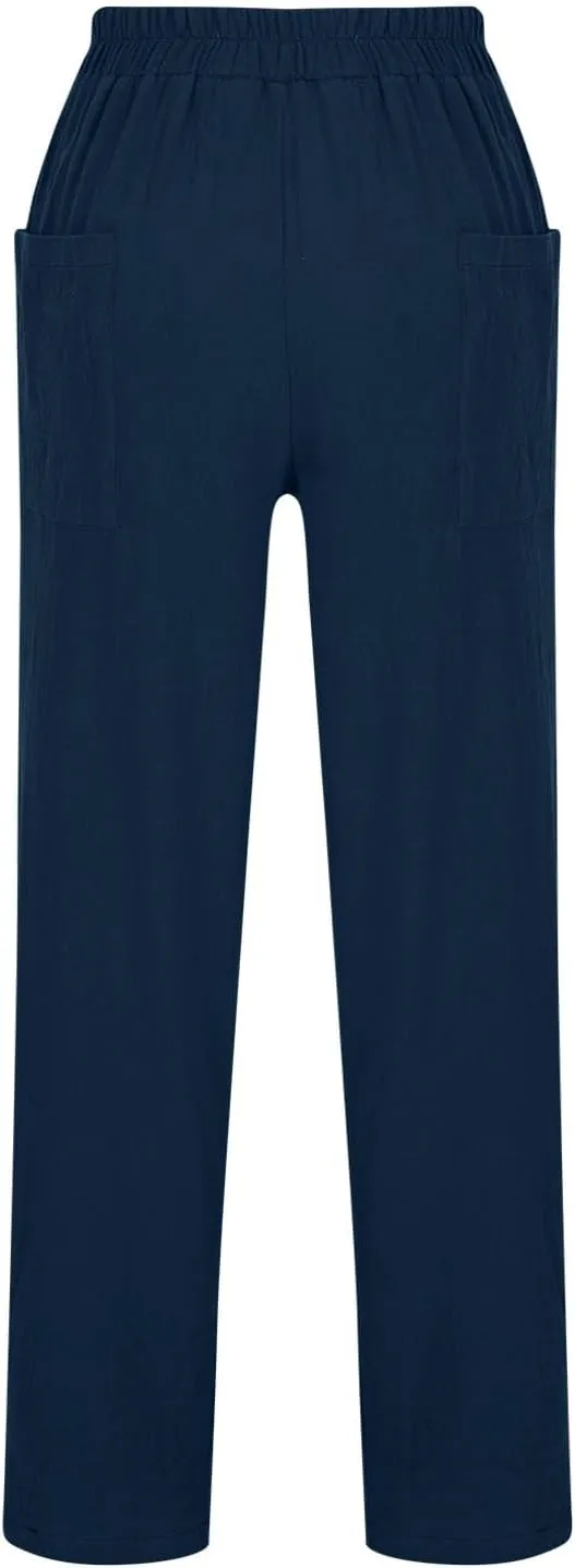 Women's Linen Pants Elastic Waist High Waisted Pants Comfy Straight Leg Trousers 2025 Trendy Summer Clothes