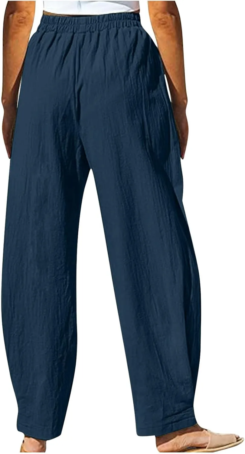 Women's Linen Pants Elastic Waist High Waisted Pants Comfy Straight Leg Trousers 2025 Trendy Summer Clothes
