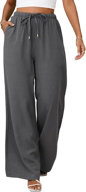 Womens Linen Pants High Waist Wide Leg Pant Casual Summer Palazzo Pants Loose Flowy Beach Trousers with Pockets
