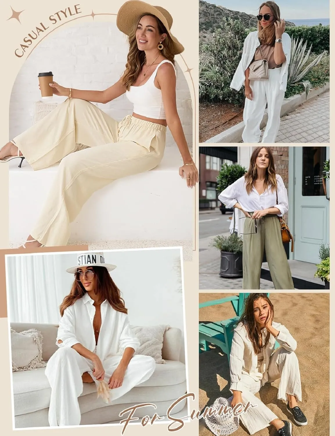 Womens Linen Pants High Waist Wide Leg Pant Casual Summer Palazzo Pants Loose Flowy Beach Trousers with Pockets