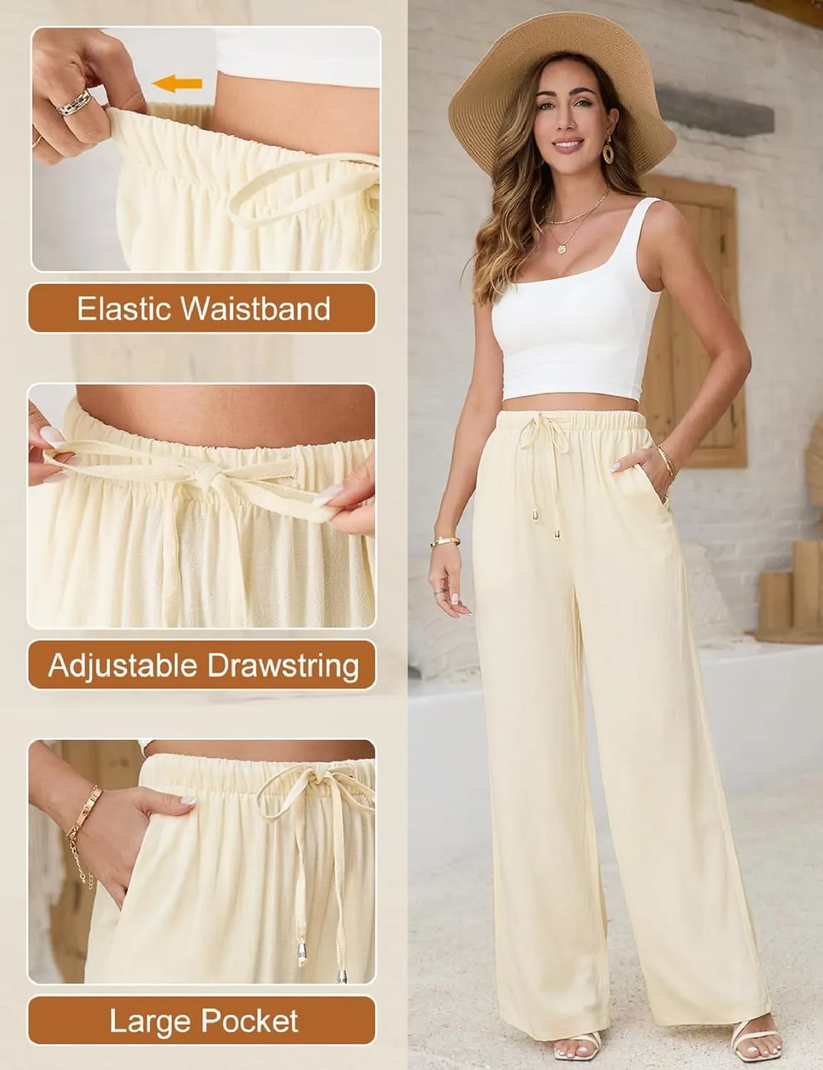 Womens Linen Pants High Waist Wide Leg Pant Casual Summer Palazzo Pants Loose Flowy Beach Trousers with Pockets