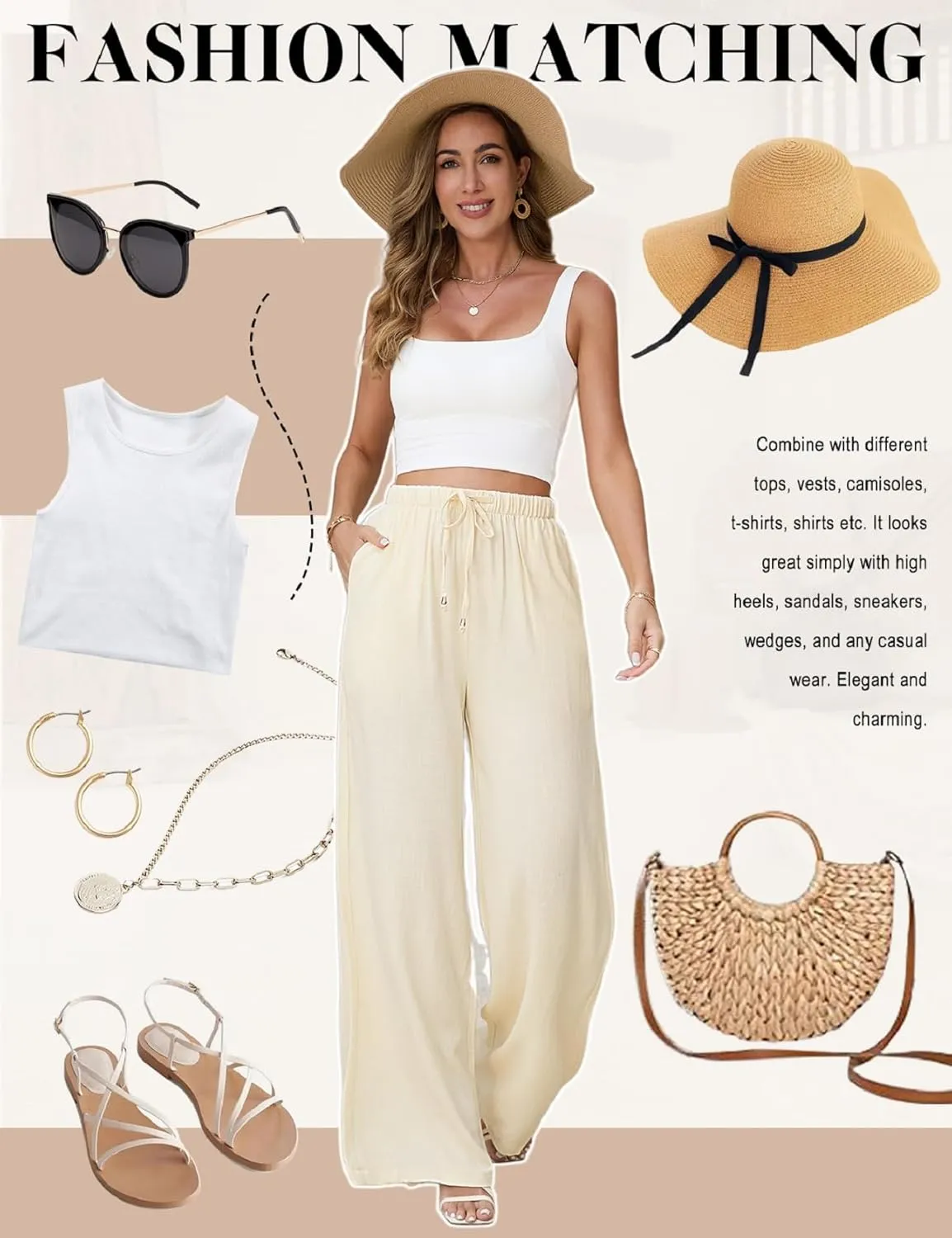 Womens Linen Pants High Waist Wide Leg Pant Casual Summer Palazzo Pants Loose Flowy Beach Trousers with Pockets
