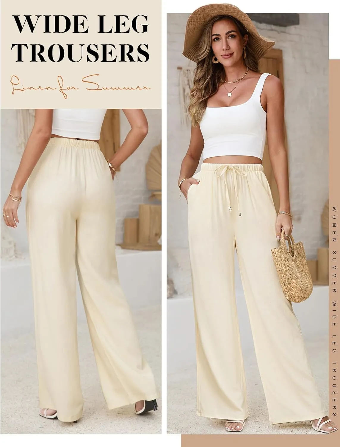 Womens Linen Pants High Waist Wide Leg Pant Casual Summer Palazzo Pants Loose Flowy Beach Trousers with Pockets