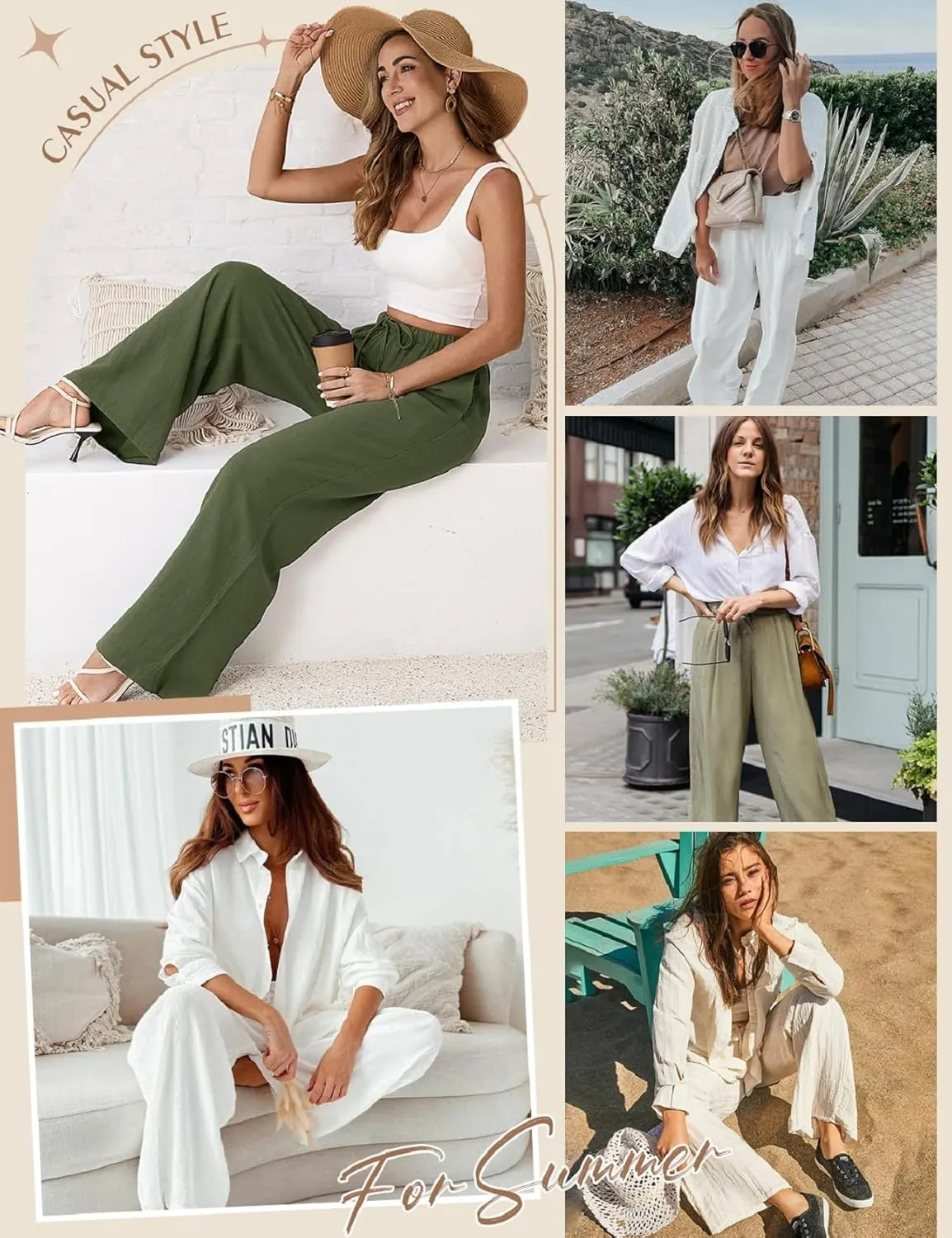 Womens Linen Pants High Waist Wide Leg Pant Casual Summer Palazzo Pants Loose Flowy Beach Trousers with Pockets