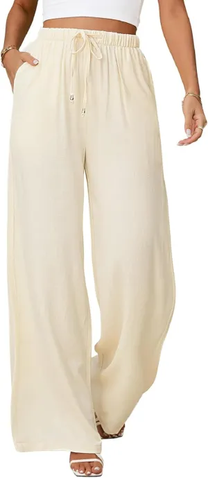 Womens Linen Pants High Waist Wide Leg Pant Casual Summer Palazzo Pants Loose Flowy Beach Trousers with Pockets