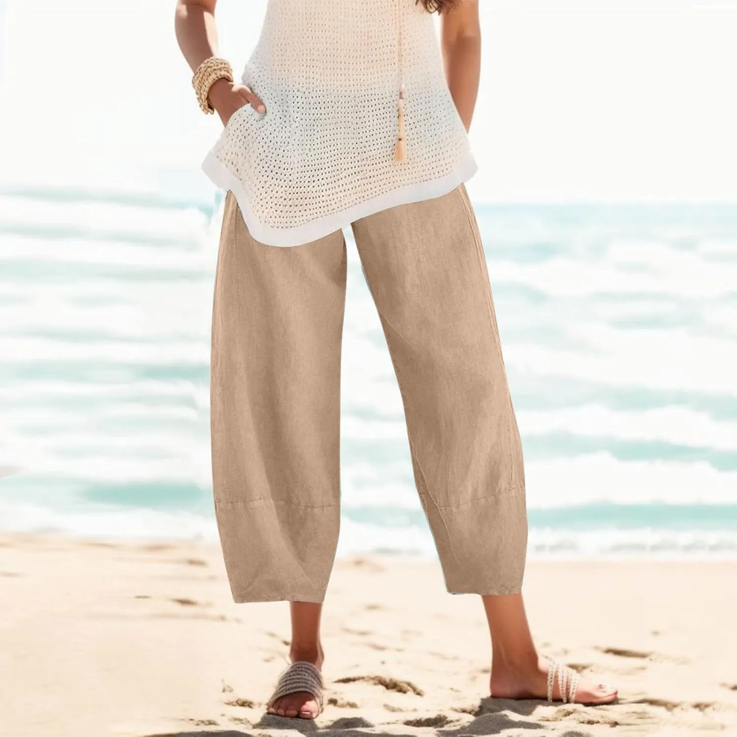 Womens Linen Pants High Waisted Wide Leg Pants Summer Loose Fit Tapered Trousers Casual Capris Pant