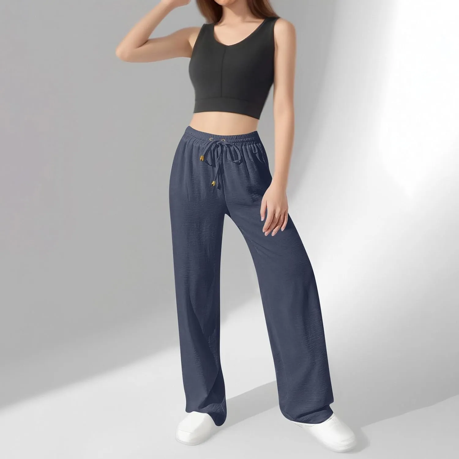 Women's Linen Summer Palazzo Pants Flowy Wide Leg Beach Pants with Pockets
