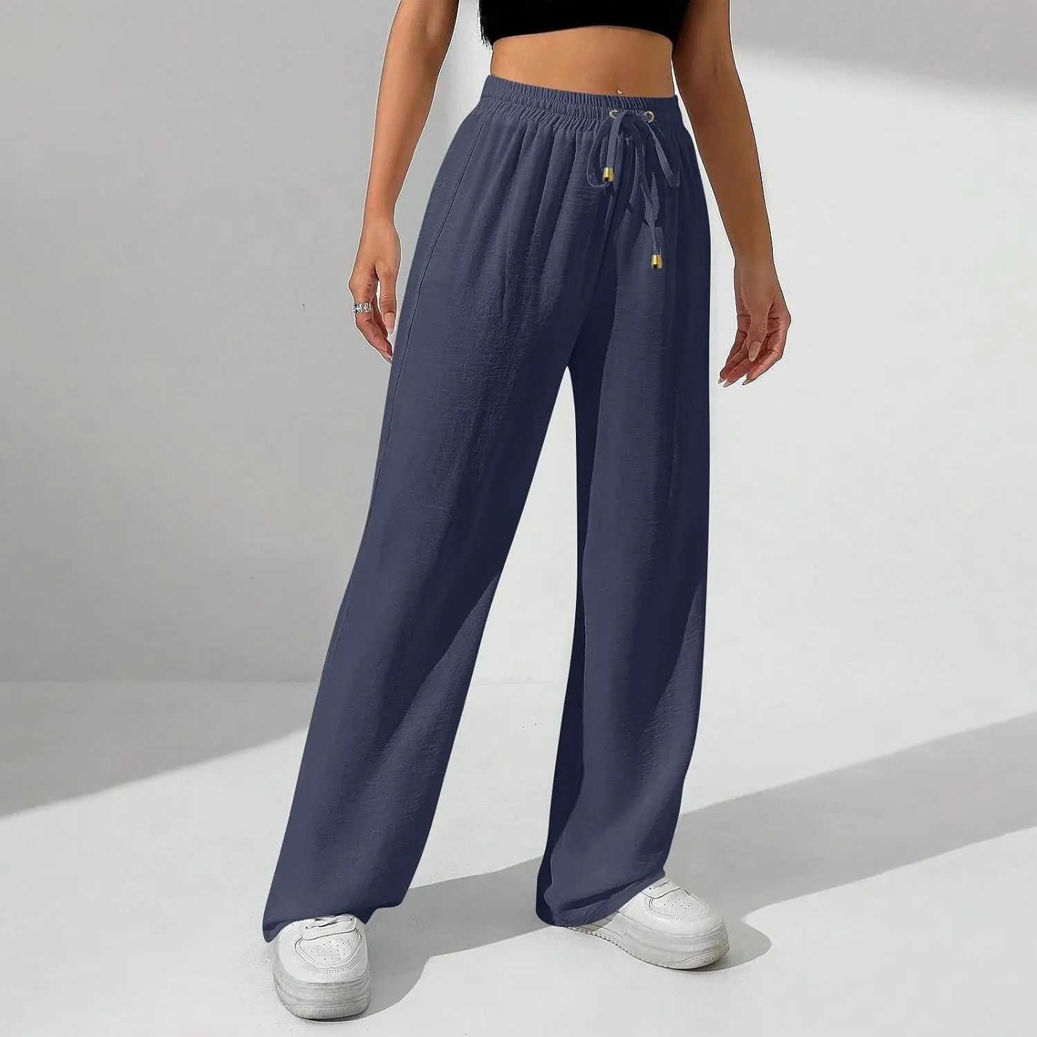 Women's Linen Summer Palazzo Pants Flowy Wide Leg Beach Pants with Pockets