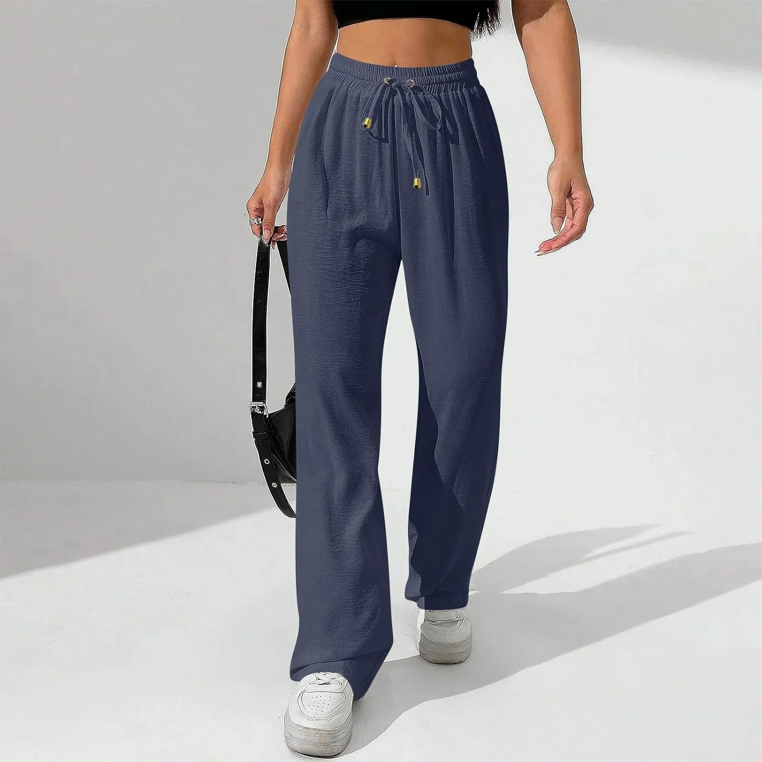 Women's Linen Summer Palazzo Pants Flowy Wide Leg Beach Pants with Pockets