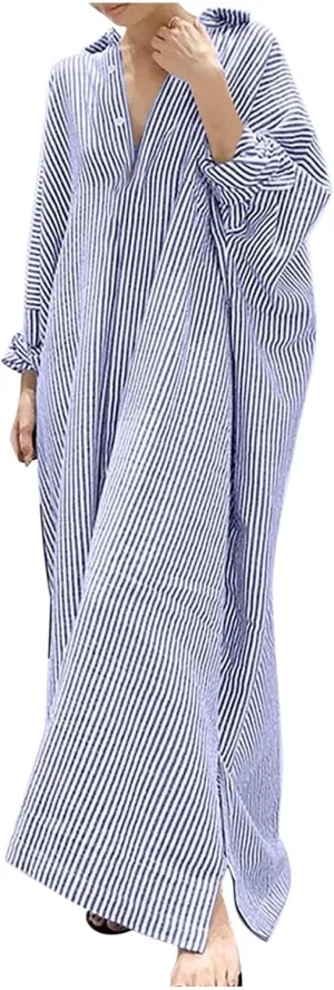 Womens Long Sleeve Button Down Shirt Dress Casual Striped Print Maxi Dresses Loose Fit Floor Length Slit Dress