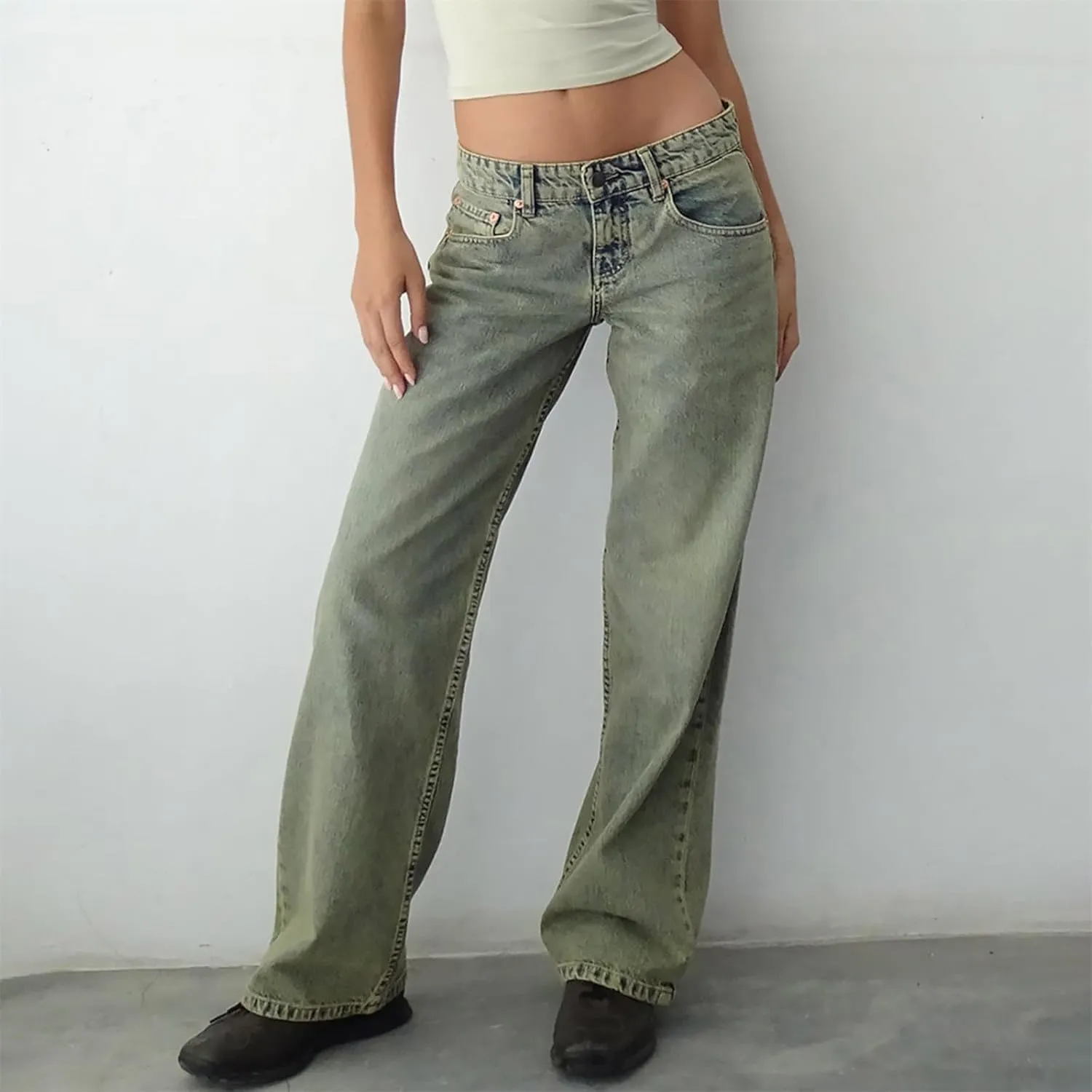 Womens Low Rise Mom Jeans Straight Leg Baggy Loose Fit Demin Pants Streetwear Classic Disco Retro Flared Denim Pants