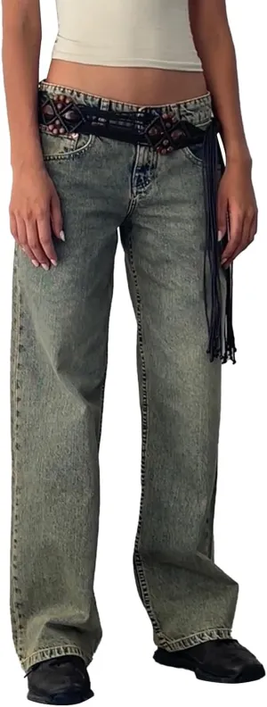 Womens Low Rise Mom Jeans Straight Leg Baggy Loose Fit Demin Pants Streetwear Classic Disco Retro Flared Denim Pants