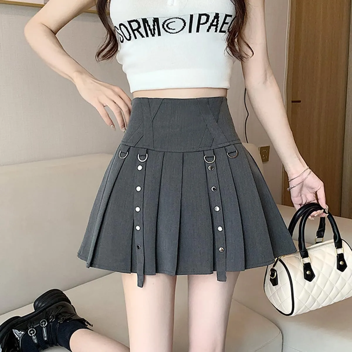 Women's Mini Skirt Y2K Goth High Waist A Line Zip Rivet Embellished Casual Pleated Womens Skirts