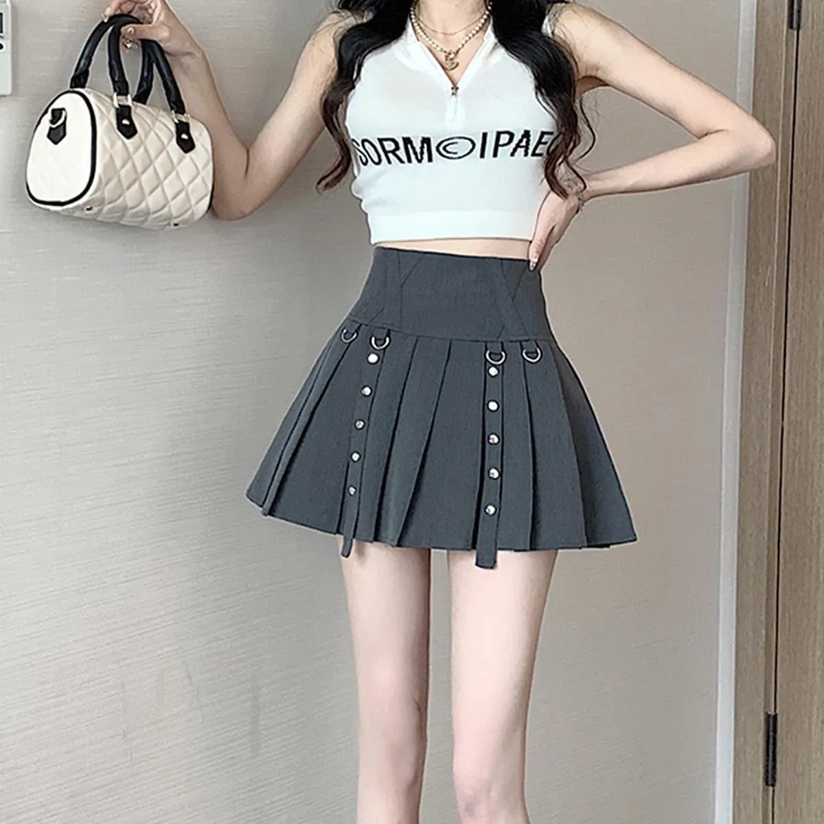Women's Mini Skirt Y2K Goth High Waist A Line Zip Rivet Embellished Casual Pleated Womens Skirts