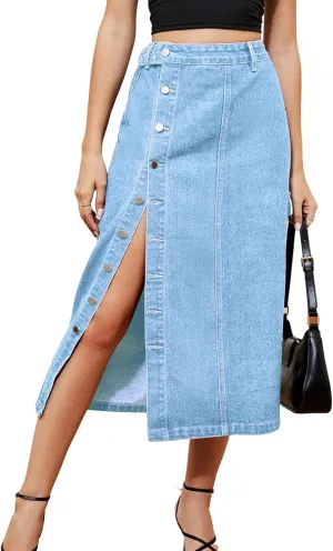 Women's Novelty Denim Skirts High Waisted Casual Slit Midi Jean Skirt Elegant Below Knee Length Jean Skirts