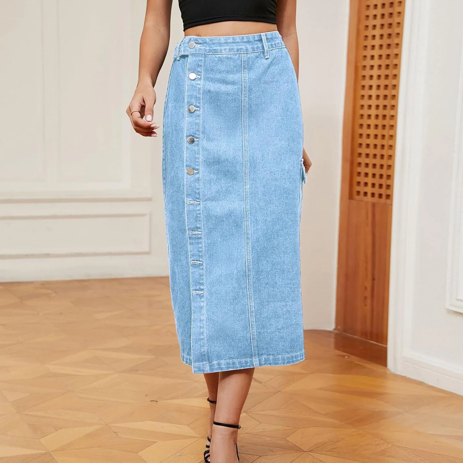 Women's Novelty Denim Skirts High Waisted Casual Slit Midi Jean Skirt Elegant Below Knee Length Jean Skirts