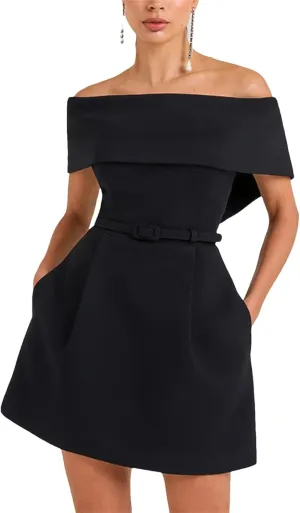 Womens Off-Shoulder Patchwork Dress - Slash Neck Backless Evening Gown