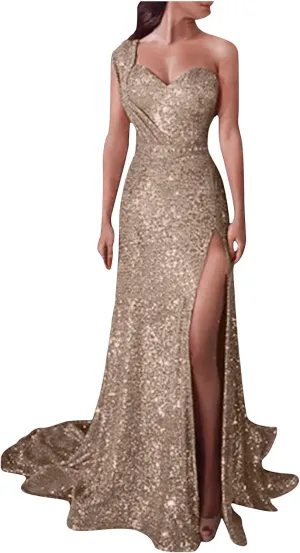 Womens One Shoulder Sequin Prom Formal Dress Glittery Sleeveless Split Side Thigh Floor Length Evening Wedding Gown